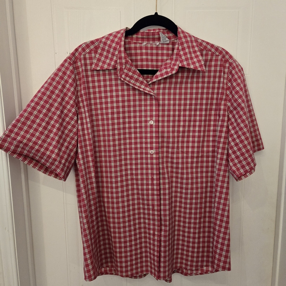 Classic Red Pink Plaid Women's Cotton Blend Button-Down Shirt